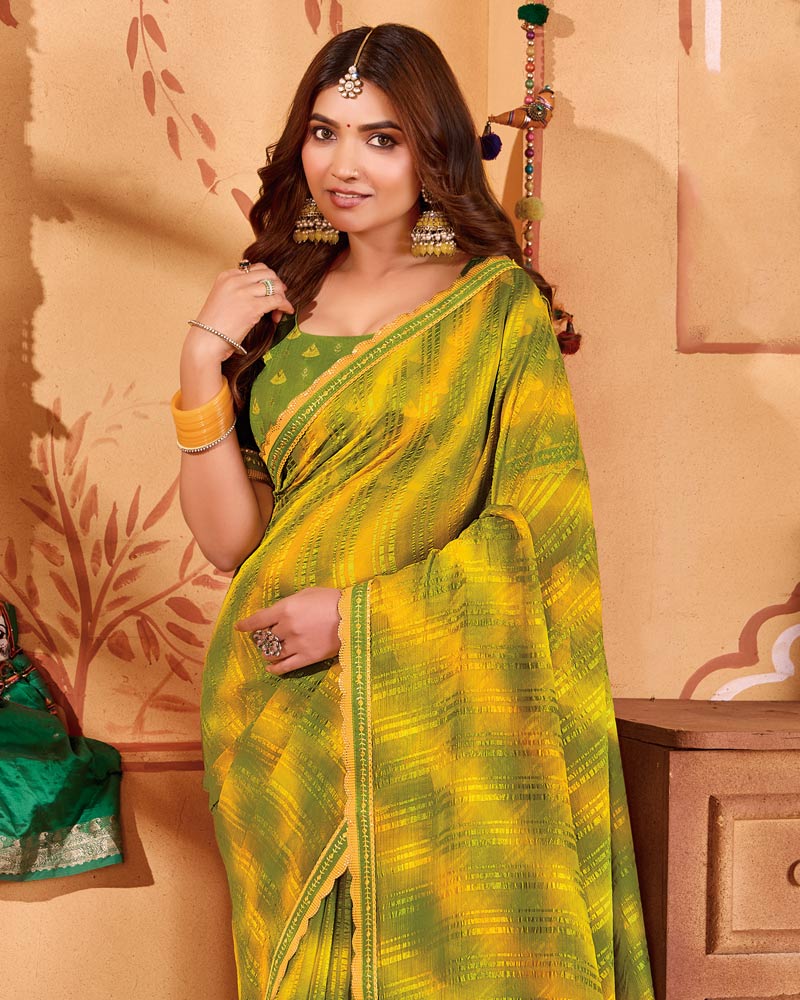 Vishal Prints Olive Green Designer Patterned Chiffon Printed Saree With Cut Work Embroidery Border