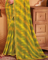 Vishal Prints Olive Green Designer Patterned Chiffon Printed Saree With Cut Work Embroidery Border
