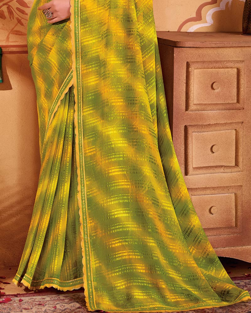 Vishal Prints Olive Green Designer Patterned Chiffon Printed Saree With Cut Work Embroidery Border