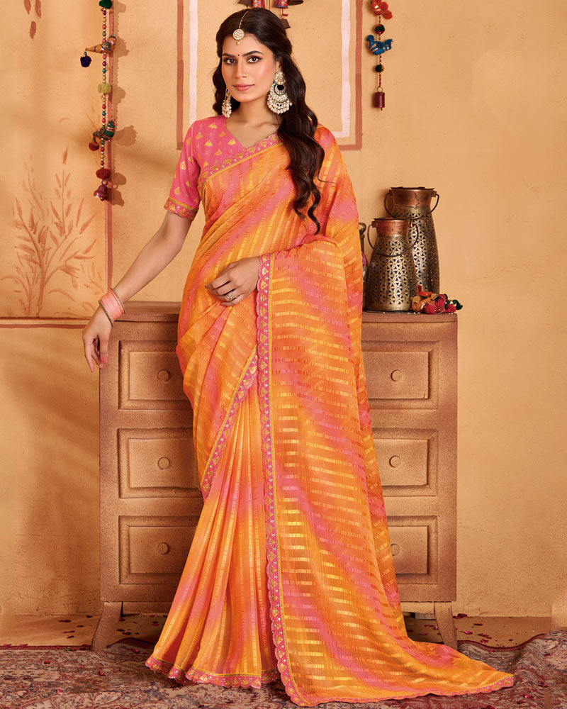 Vishal Prints Sunrise Orange Designer Patterned Chiffon Printed Saree With Cut Work Embroidery Border
