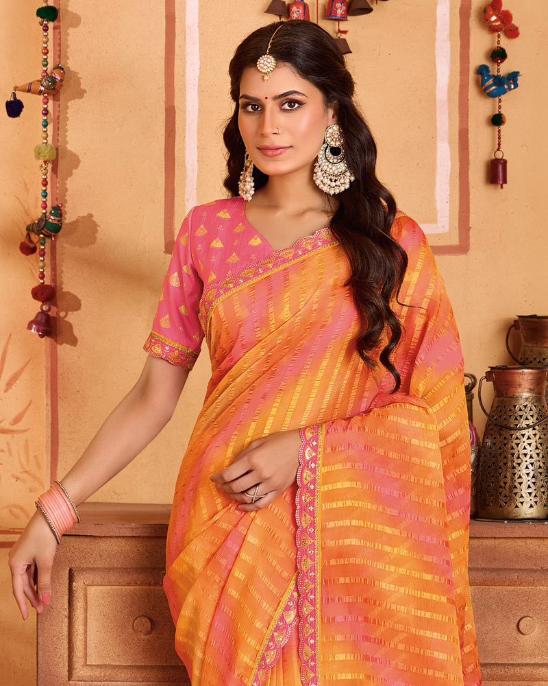 Vishal Prints Sunrise Orange Designer Patterned Chiffon Printed Saree With Cut Work Embroidery Border