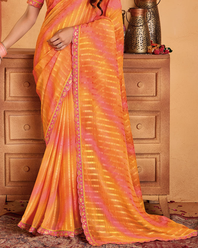 Vishal Prints Sunrise Orange Designer Patterned Chiffon Printed Saree With Cut Work Embroidery Border