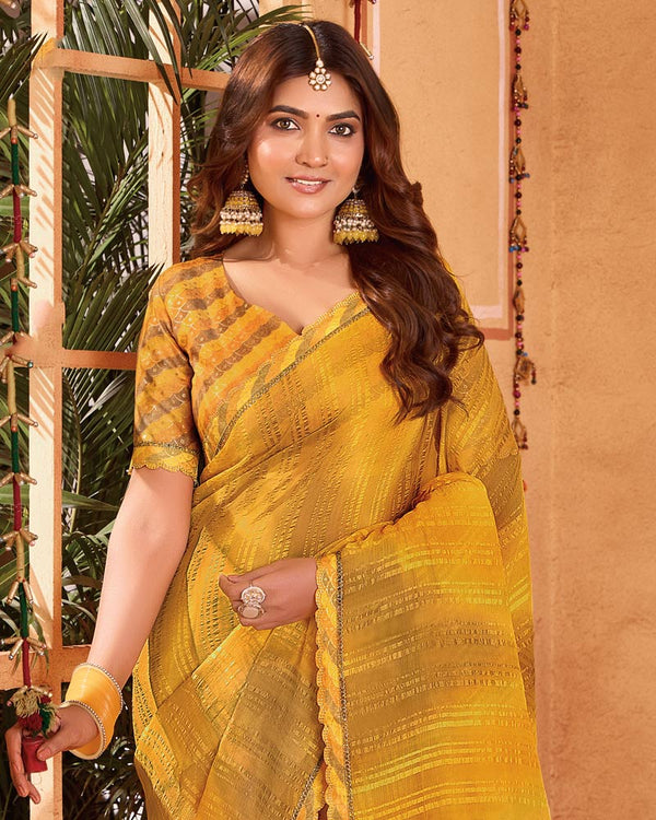 Vishal Prints Shaded Yellow Designer Patterned Chiffon Printed Saree With Cut Work Embroidery Border