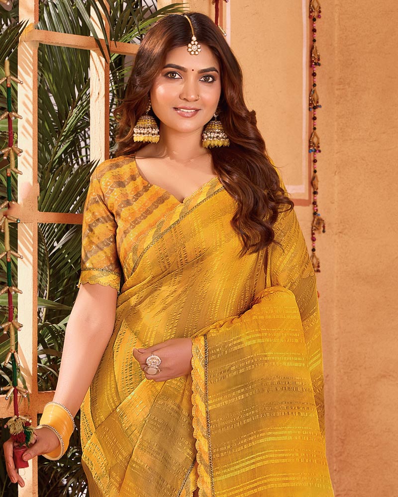 Vishal Prints Shaded Yellow Designer Patterned Chiffon Printed Saree With Cut Work Embroidery Border