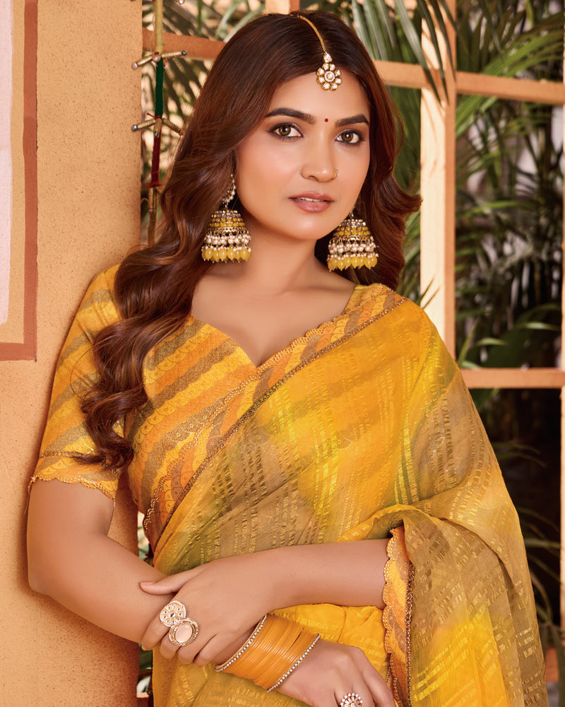 Vishal Prints Shaded Yellow Designer Patterned Chiffon Printed Saree With Cut Work Embroidery Border