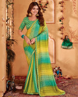 Vishal Prints Multi Green Designer Patterned Chiffon Printed Saree With Cut Work Embroidery Border