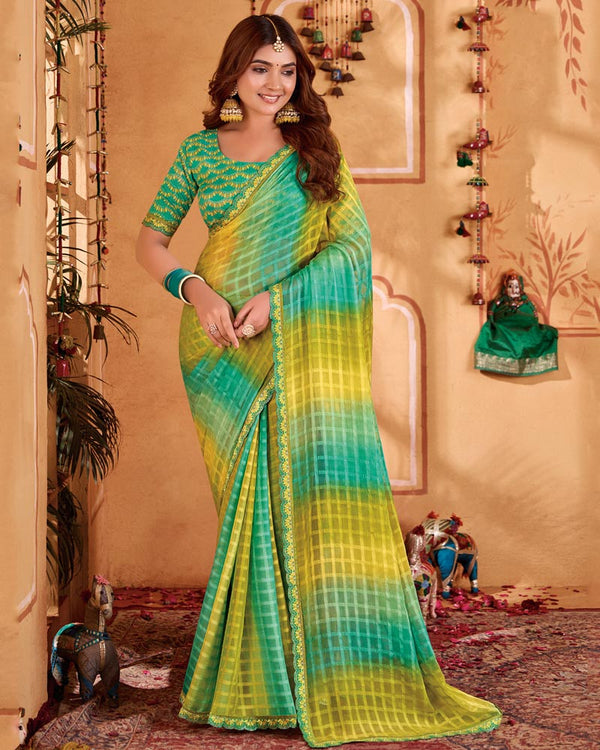 Vishal Prints Multi Green Designer Patterned Chiffon Printed Saree With Cut Work Embroidery Border