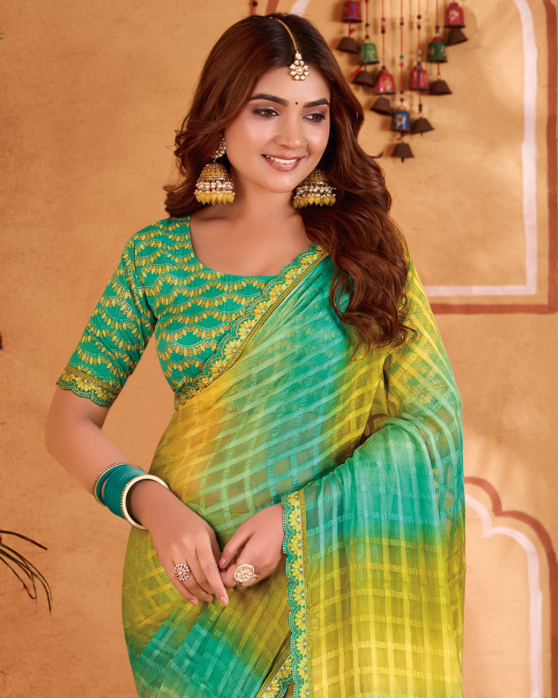 Vishal Prints Multi Green Designer Patterned Chiffon Printed Saree With Cut Work Embroidery Border