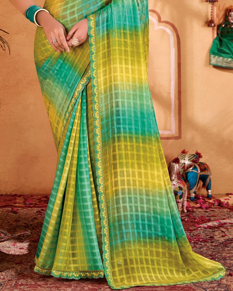 Vishal Prints Multi Green Designer Patterned Chiffon Printed Saree With Cut Work Embroidery Border