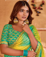 Vishal Prints Multi Green Designer Patterned Chiffon Printed Saree With Cut Work Embroidery Border