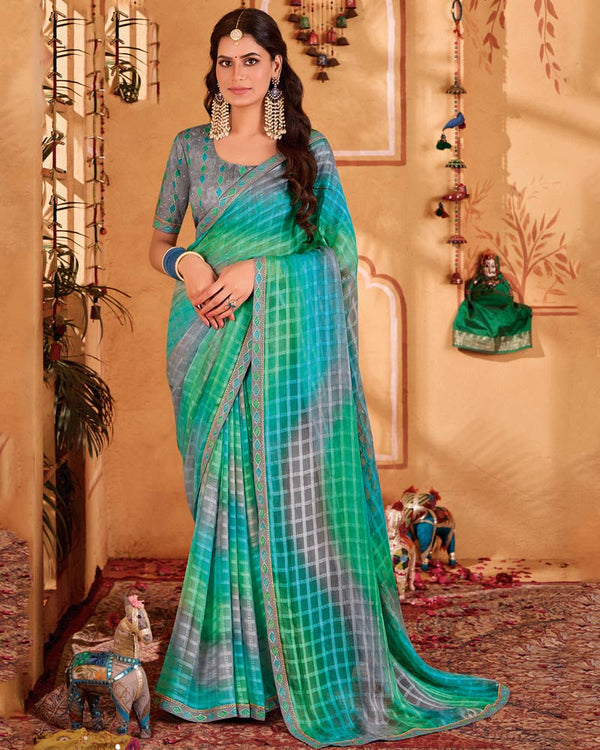 Vishal Prints Light Sea Green Designer Patterned Chiffon Printed Saree With Cut Work Embroidery Border