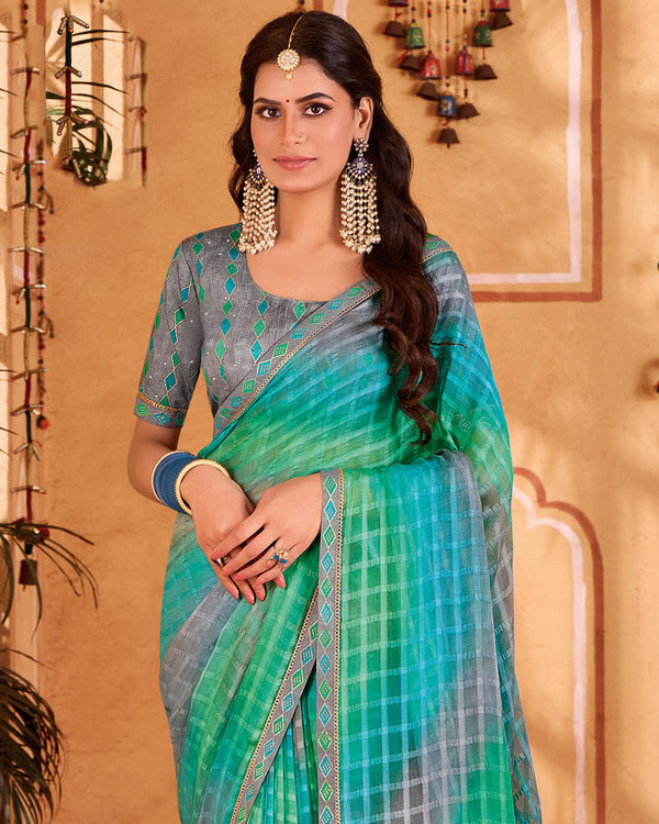 Vishal Prints Light Sea Green Designer Patterned Chiffon Printed Saree With Cut Work Embroidery Border