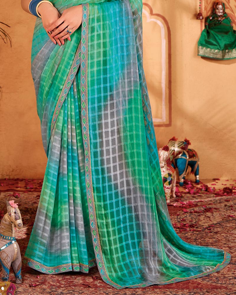 Vishal Prints Light Sea Green Designer Patterned Chiffon Printed Saree With Cut Work Embroidery Border