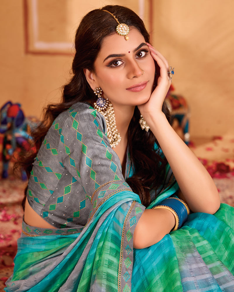 Vishal Prints Light Sea Green Designer Patterned Chiffon Printed Saree With Cut Work Embroidery Border