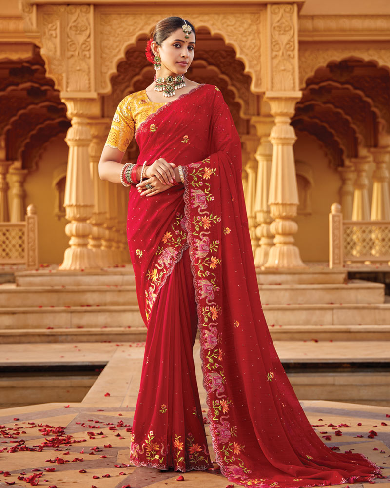 Vishal Prints Cardinal Red Designer Fancy Chiffon Saree With Embroidery-Diamond Work And Cut Work Border