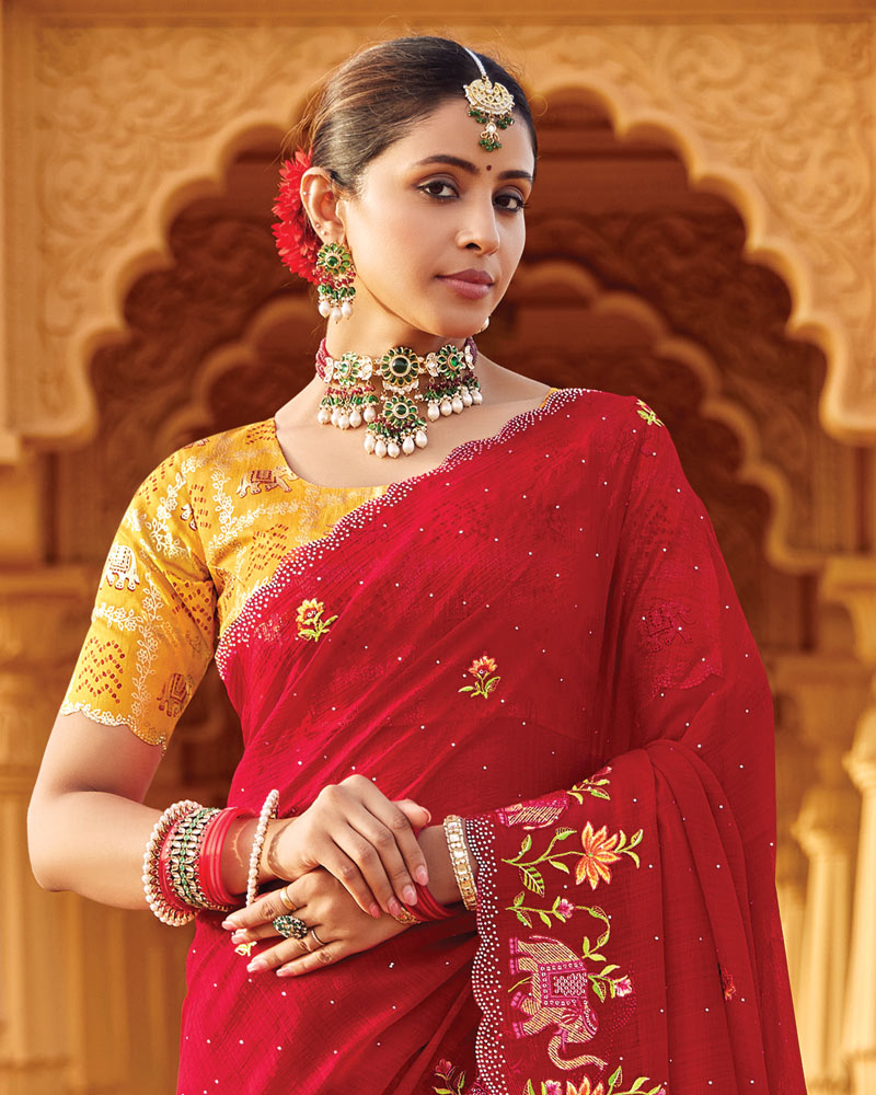 Vishal Prints Cardinal Red Designer Fancy Chiffon Saree With Embroidery-Diamond Work And Cut Work Border