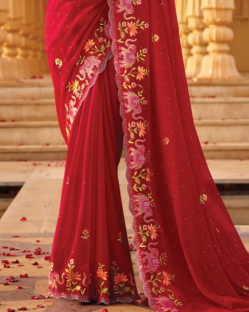 Vishal Prints Cardinal Red Designer Fancy Chiffon Saree With Embroidery-Diamond Work And Cut Work Border