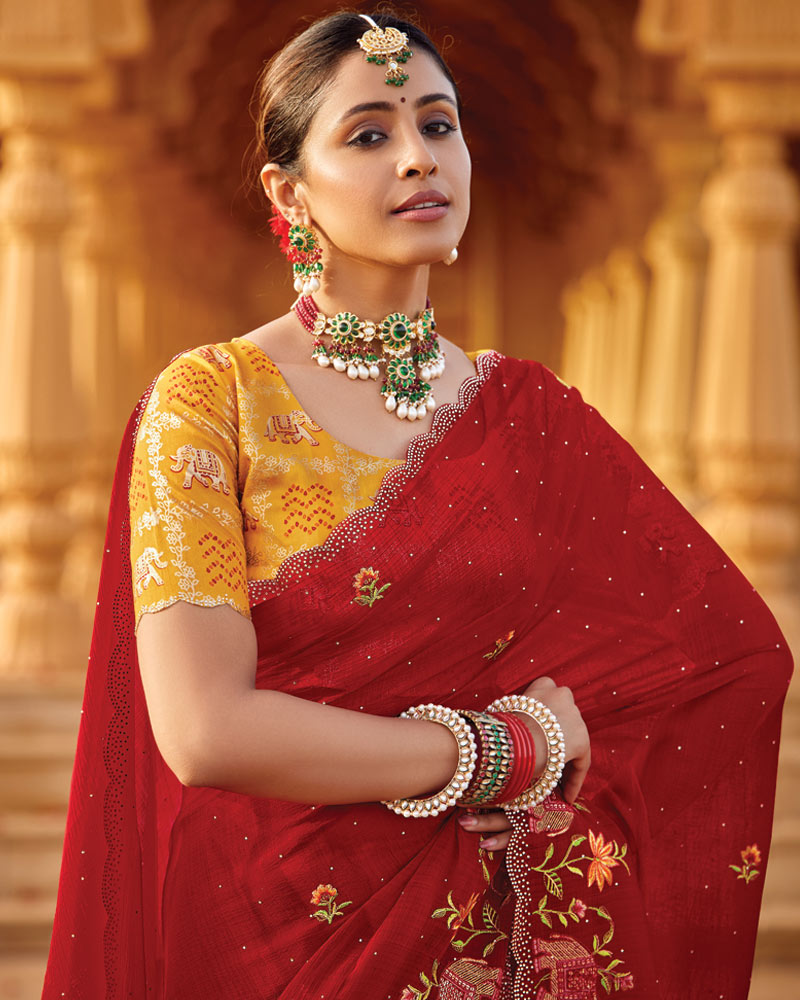 Vishal Prints Cardinal Red Designer Fancy Chiffon Saree With Embroidery-Diamond Work And Cut Work Border