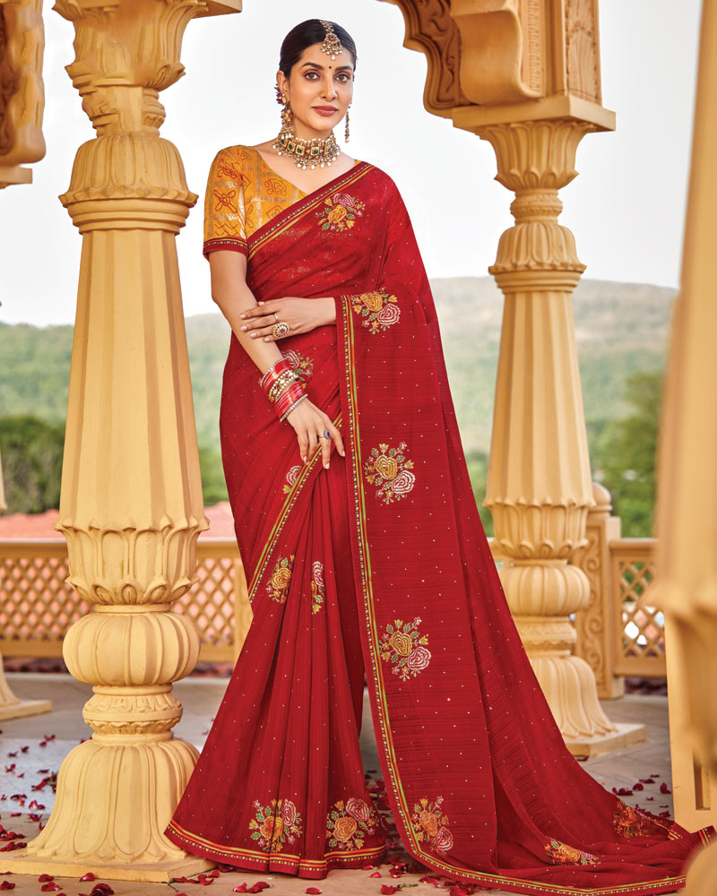 Vishal Prints Chili Red Designer Fancy Chiffon Saree With Embroidery-Diamond Work Fancy Border
