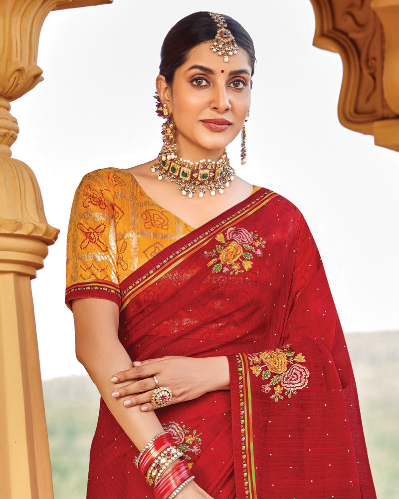 Vishal Prints Chili Red Designer Fancy Chiffon Saree With Embroidery-Diamond Work Fancy Border