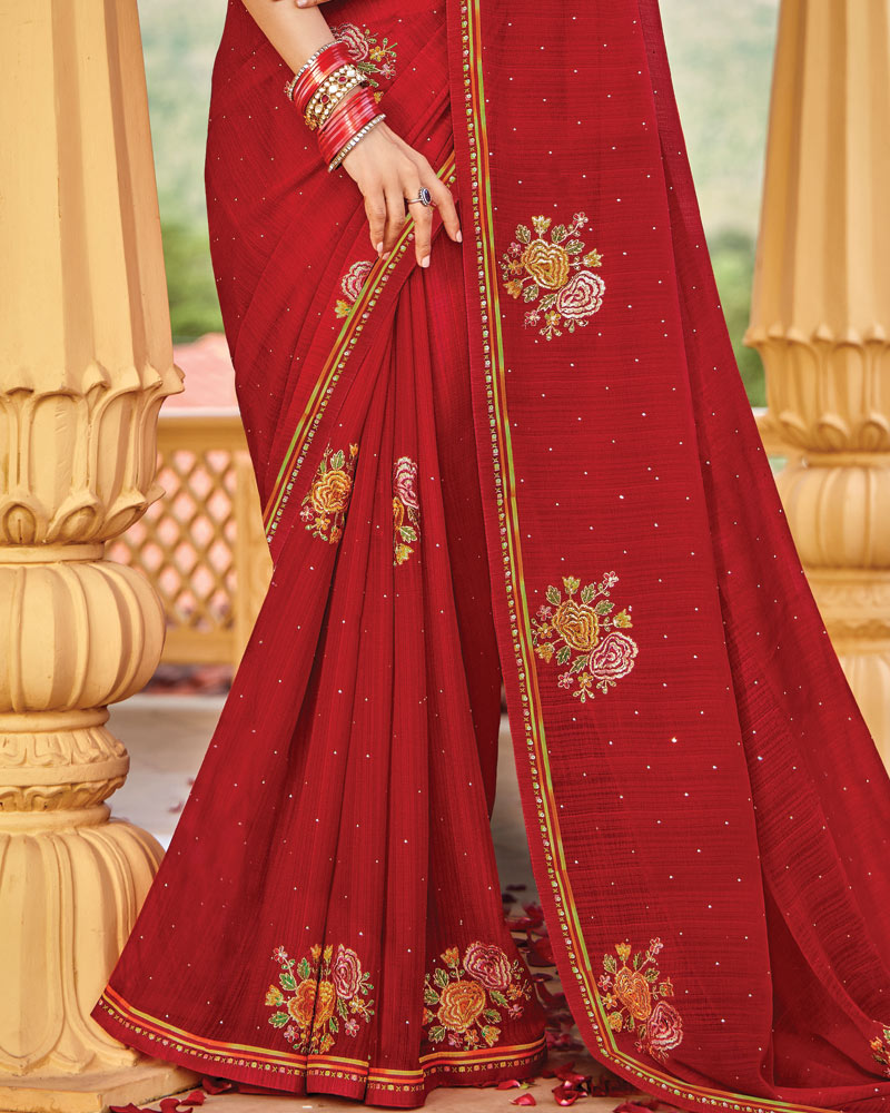 Vishal Prints Chili Red Designer Fancy Chiffon Saree With Embroidery-Diamond Work Fancy Border