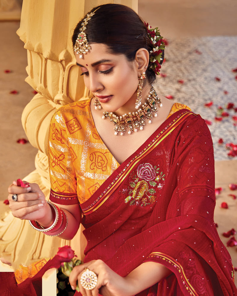 Vishal Prints Chili Red Designer Fancy Chiffon Saree With Embroidery-Diamond Work Fancy Border