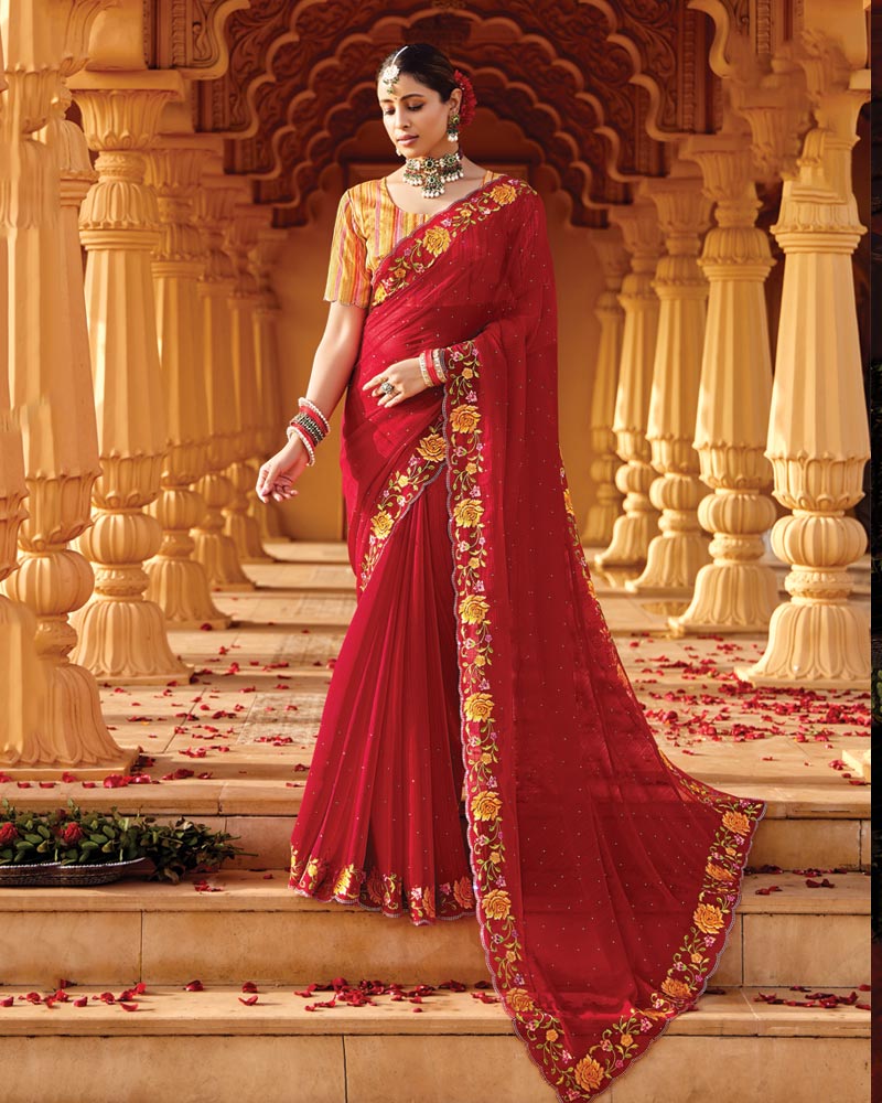 Vishal Prints Venetian Red Designer Fancy Chiffon Saree With Embroidery-Diamond Work And Cut Work Border
