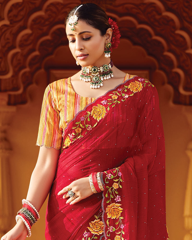 Vishal Prints Venetian Red Designer Fancy Chiffon Saree With Embroidery-Diamond Work And Cut Work Border