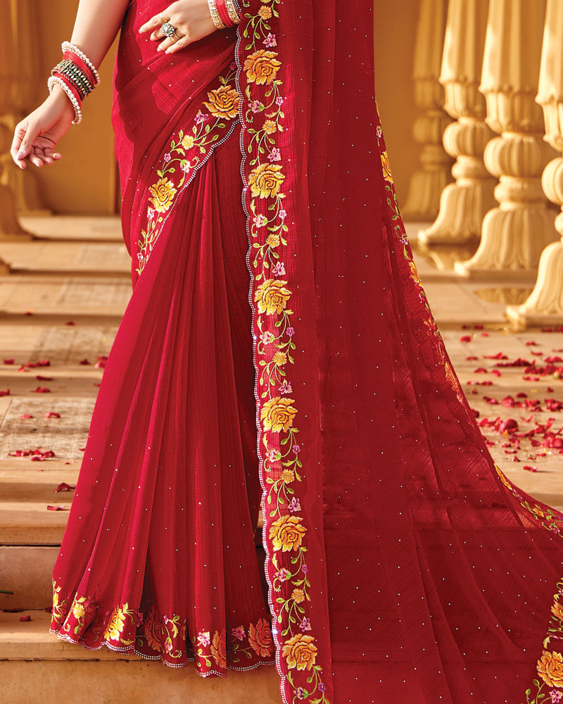Vishal Prints Venetian Red Designer Fancy Chiffon Saree With Embroidery-Diamond Work And Cut Work Border