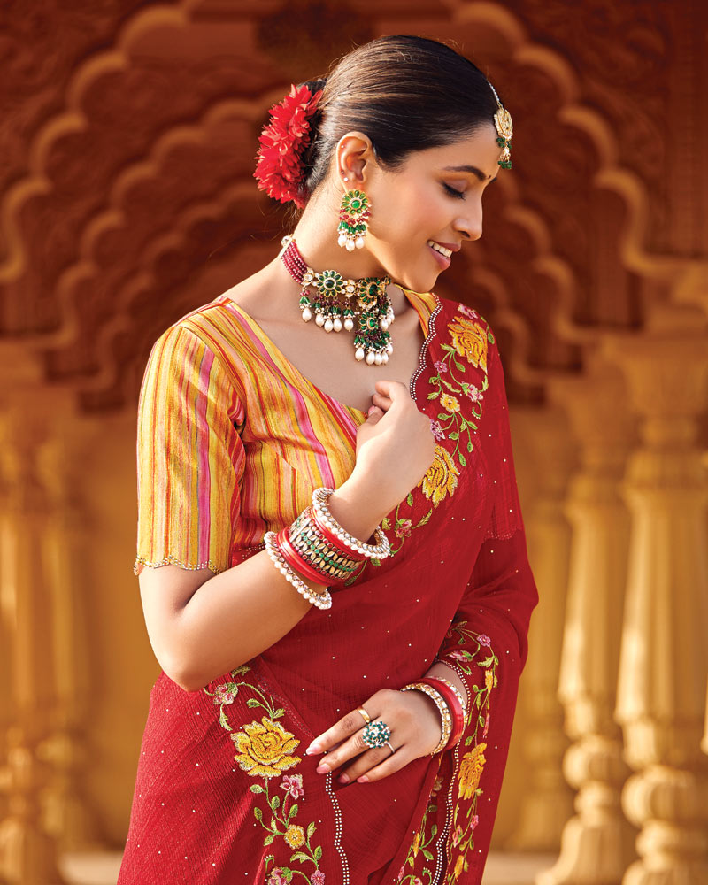 Vishal Prints Venetian Red Designer Fancy Chiffon Saree With Embroidery-Diamond Work And Cut Work Border