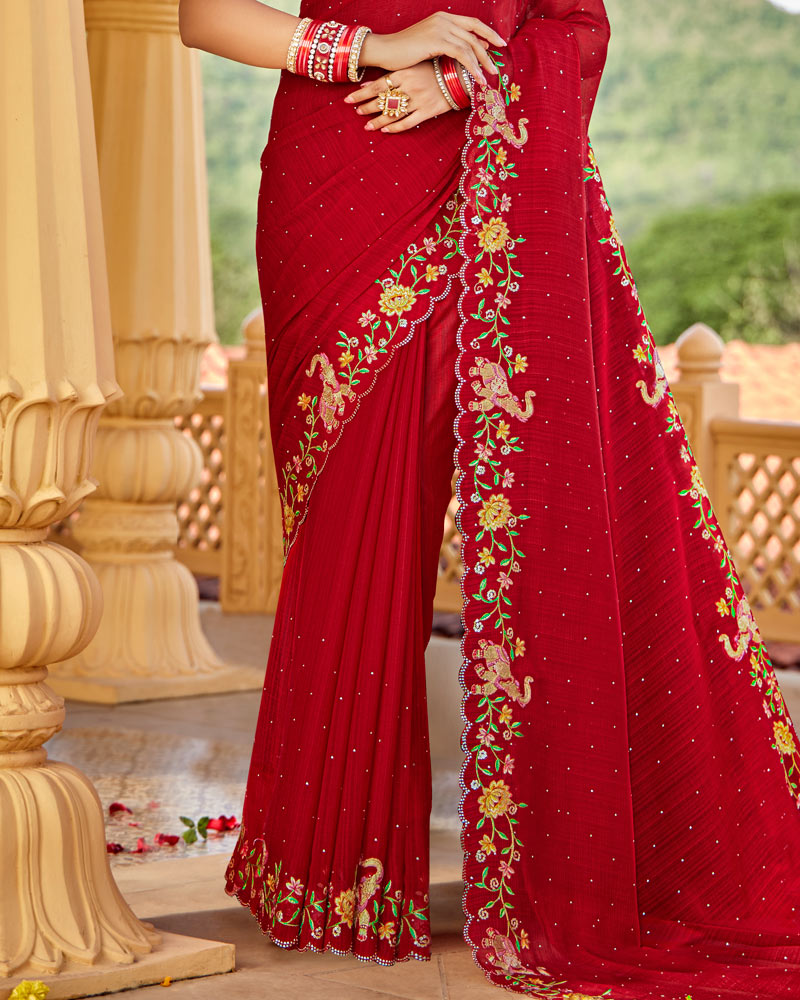 Vishal Prints Dark Red Designer Fancy Chiffon Saree With Embroidery-Diamond Work And Cut Work Border