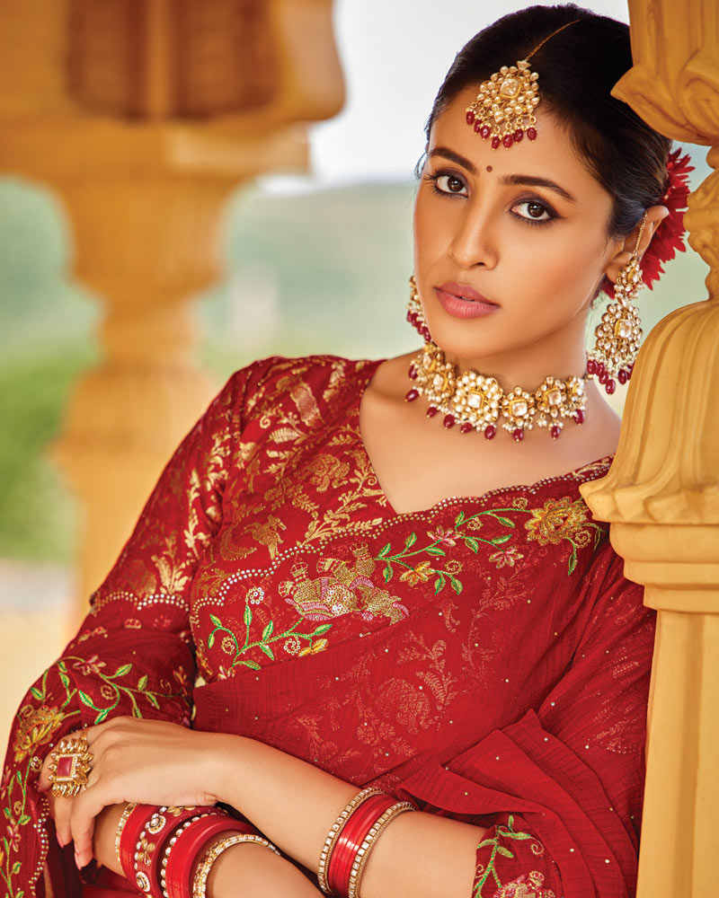 Vishal Prints Dark Red Designer Fancy Chiffon Saree With Embroidery-Diamond Work And Cut Work Border