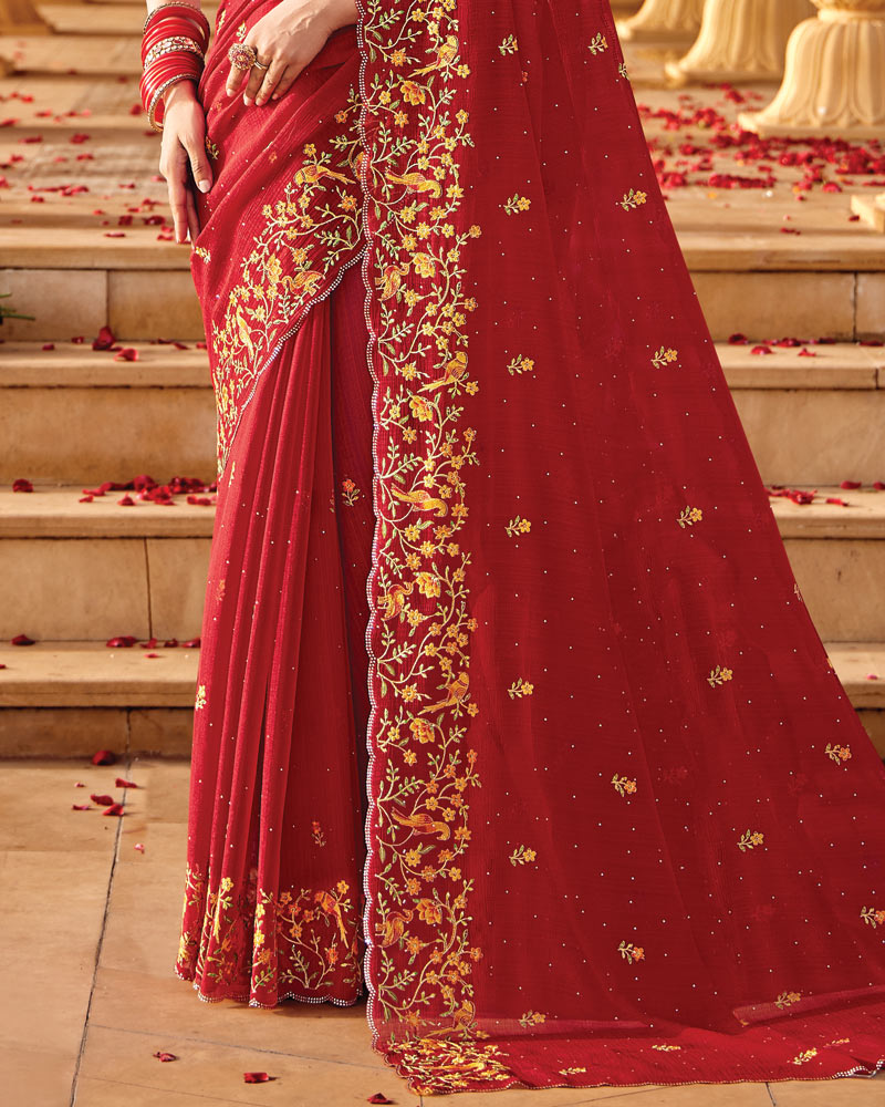 Vishal Prints Shiraz Red Designer Fancy Chiffon Saree With Embroidery-Diamond Work And Cut Work Border