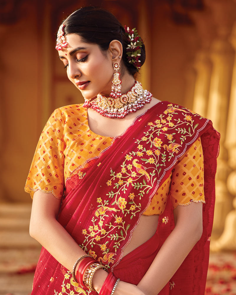 Vishal Prints Shiraz Red Designer Fancy Chiffon Saree With Embroidery-Diamond Work And Cut Work Border