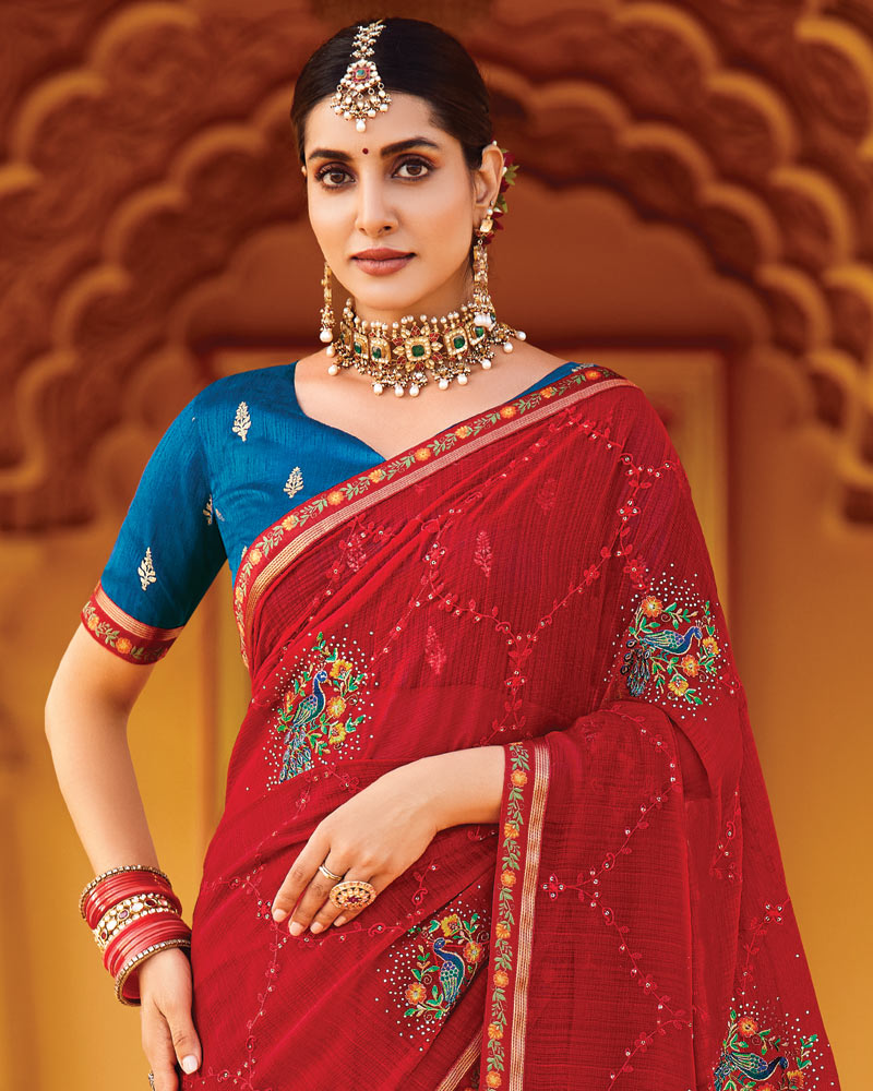 Vishal Prints Scarlet Red Designer Fancy Chiffon Saree With Embroidery-Diamond Work And Cut Work Border