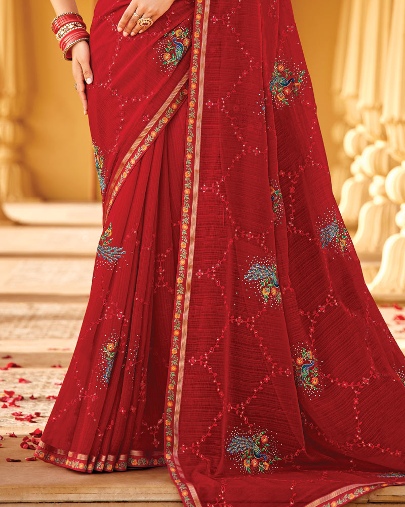 Vishal Prints Scarlet Red Designer Fancy Chiffon Saree With Embroidery-Diamond Work And Cut Work Border