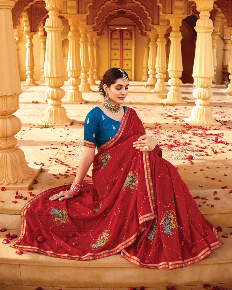 Vishal Prints Scarlet Red Designer Fancy Chiffon Saree With Embroidery-Diamond Work And Cut Work Border