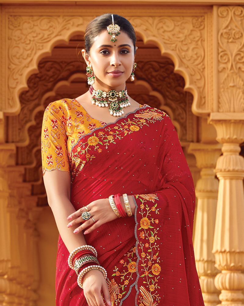 Vishal Prints Deep Carmine Red Designer Fancy Chiffon Saree With Embroidery-Diamond Work And Cut Work Border
