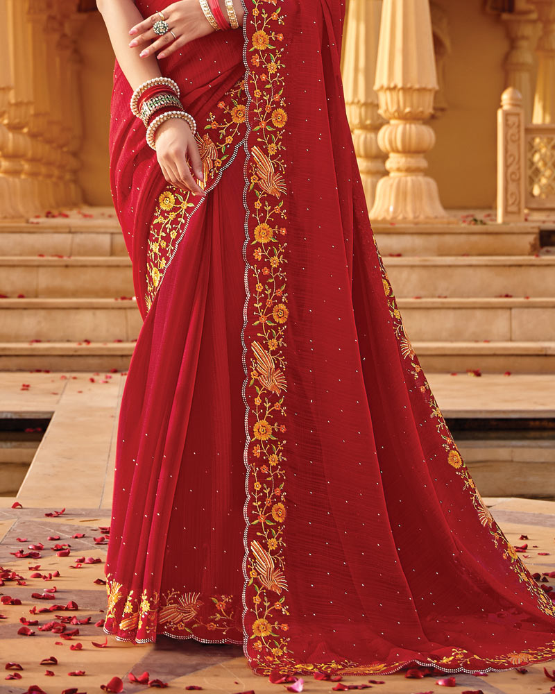 Vishal Prints Deep Carmine Red Designer Fancy Chiffon Saree With Embroidery-Diamond Work And Cut Work Border