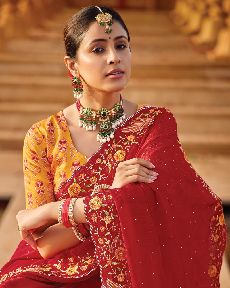 Vishal Prints Deep Carmine Red Designer Fancy Chiffon Saree With Embroidery-Diamond Work And Cut Work Border