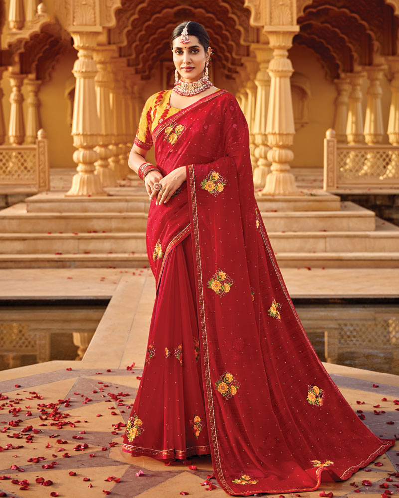 Vishal Prints Cornell Red Designer Fancy Chiffon Saree With Embroidery-Diamond Work Fancy Border