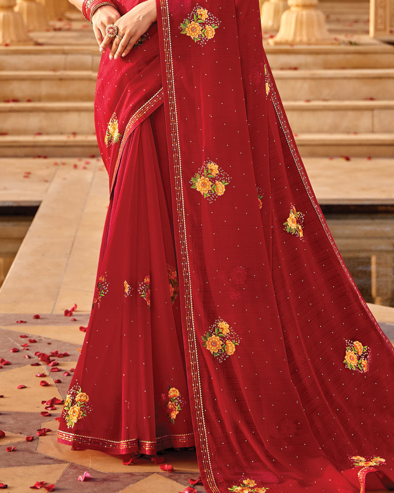 Vishal Prints Cornell Red Designer Fancy Chiffon Saree With Embroidery-Diamond Work Fancy Border