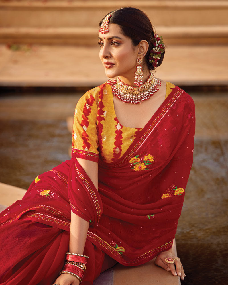 Vishal Prints Cornell Red Designer Fancy Chiffon Saree With Embroidery-Diamond Work Fancy Border