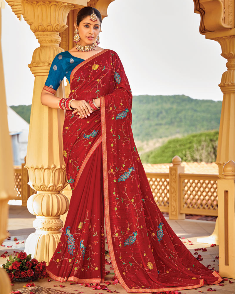 Vishal Prints Dark Red Designer Fancy Chiffon Saree With Embroidery-Diamond Work Fancy Border