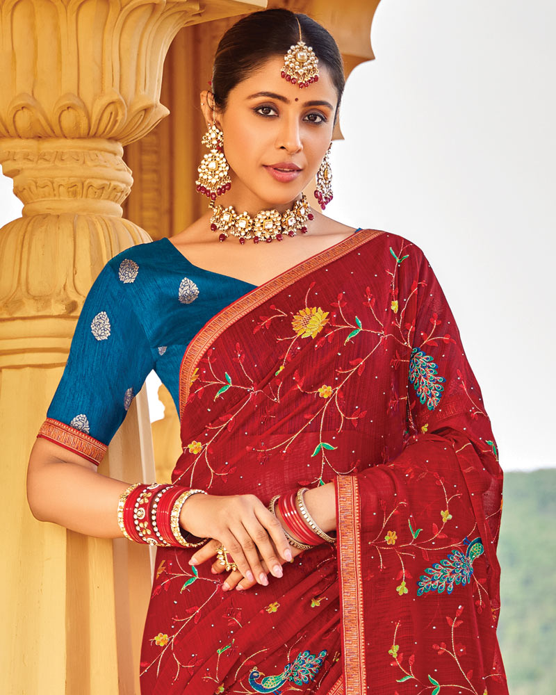 Vishal Prints Dark Red Designer Fancy Chiffon Saree With Embroidery-Diamond Work Fancy Border