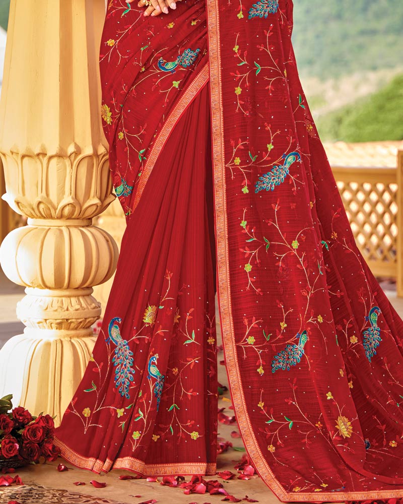 Vishal Prints Dark Red Designer Fancy Chiffon Saree With Embroidery-Diamond Work Fancy Border