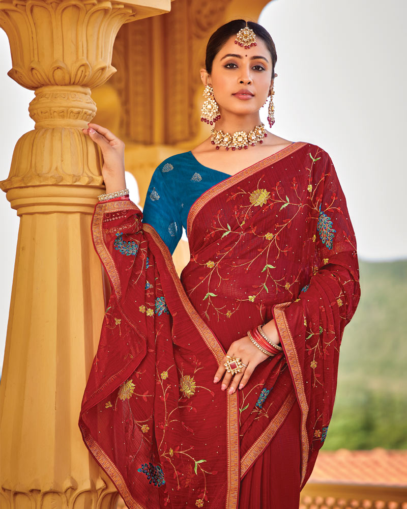 Vishal Prints Dark Red Designer Fancy Chiffon Saree With Embroidery-Diamond Work Fancy Border