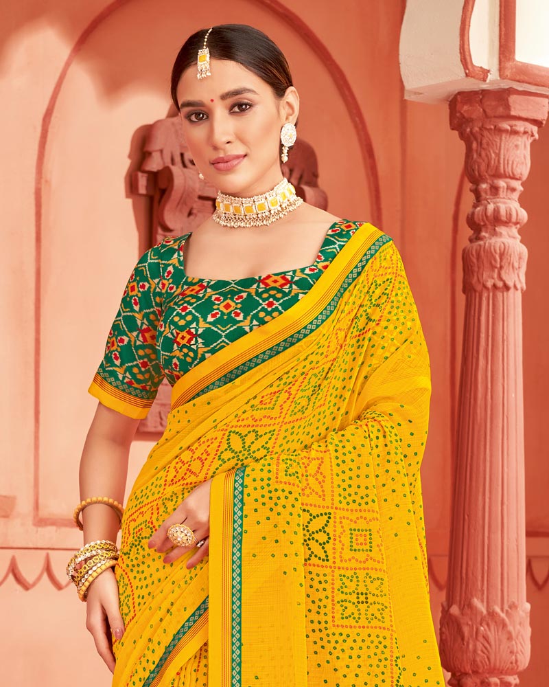 Vishal Prints Dark Yellow Printed Chiffon Bandhani Print Saree With Fancy Border