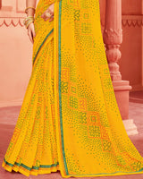 Vishal Prints Dark Yellow Printed Chiffon Bandhani Print Saree With Fancy Border
