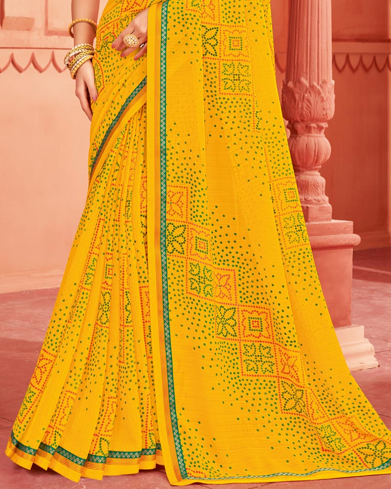 Vishal Prints Dark Yellow Printed Chiffon Bandhani Print Saree With Fancy Border